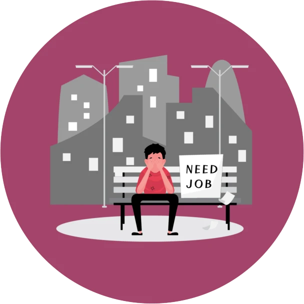 Under-employed light purple circle with graphic of person sitting on bench