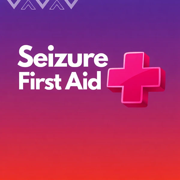 Seizure First Aid on a purple and red background