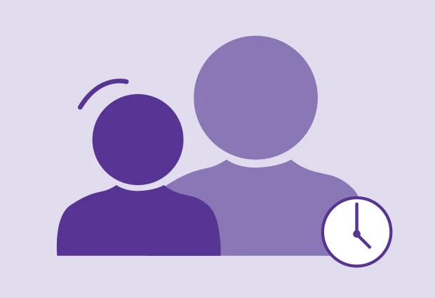 Illustration of two purple human figures beside a clock icon.
