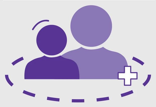 Illustration of two purple human figures surrounded by a dashed circle with a medical cross symbol.