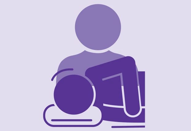 Purple illustration of a person lying on their side with one arm bent near their head, showing a seizure first aid recovery position.